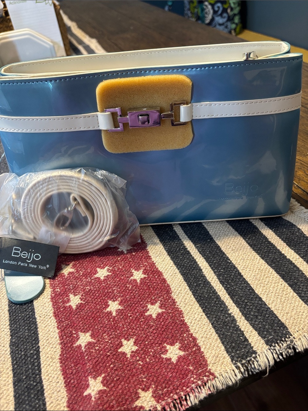Beijo Glossy Blue Crossbody with Cream Trim and Gold Accent